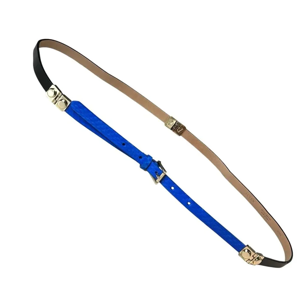 J.Crew Skinny Leather Belt Blue Black Hinge Details Sz Large Accent Preppy EUC - Picture 12 of 12
